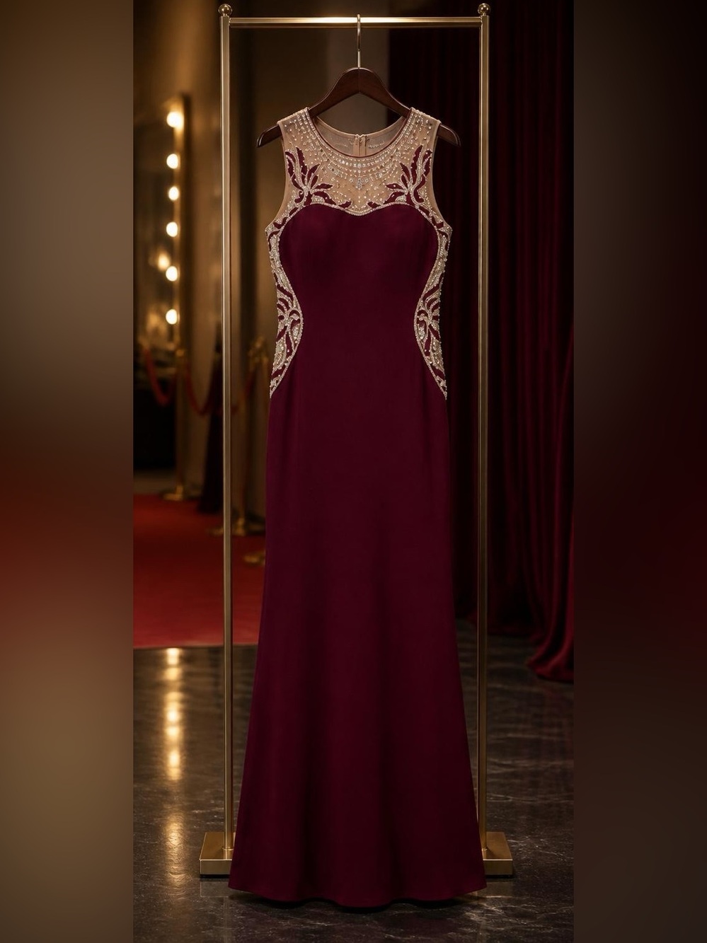 Beaded Illusion Neckline Prom Dress in Burgundy